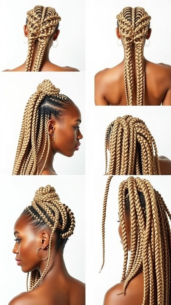 A collage of different styles of blonde knotless box braids, showcasing various updos and loose styles.