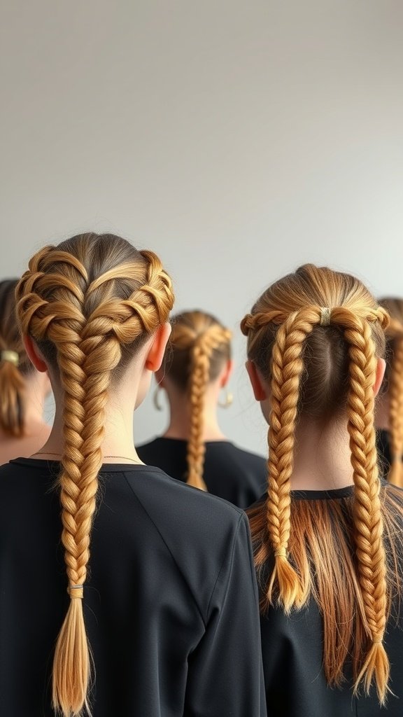 A group of girls with honey blonde knotless braids styled in various ways.