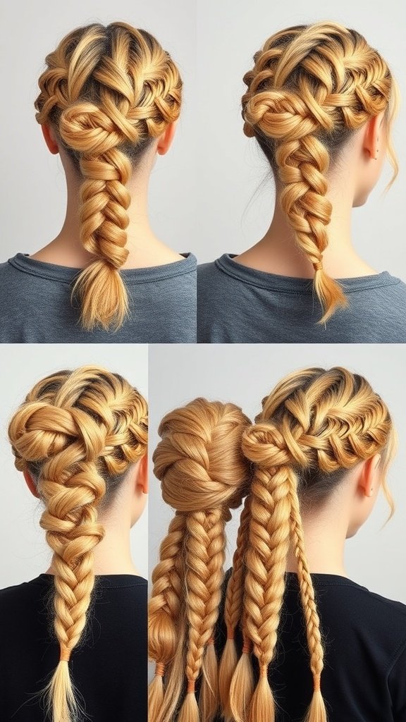 A collection of honey blonde knotless braids styled in various ways, showcasing different lengths and designs.