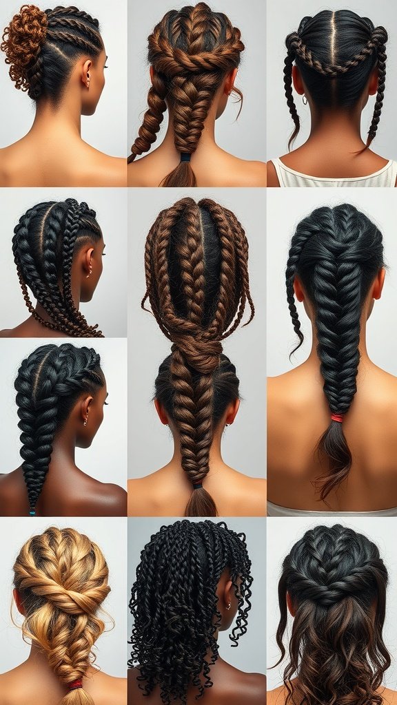 A collage of different knotless braid styles showcasing various techniques and curly ends.