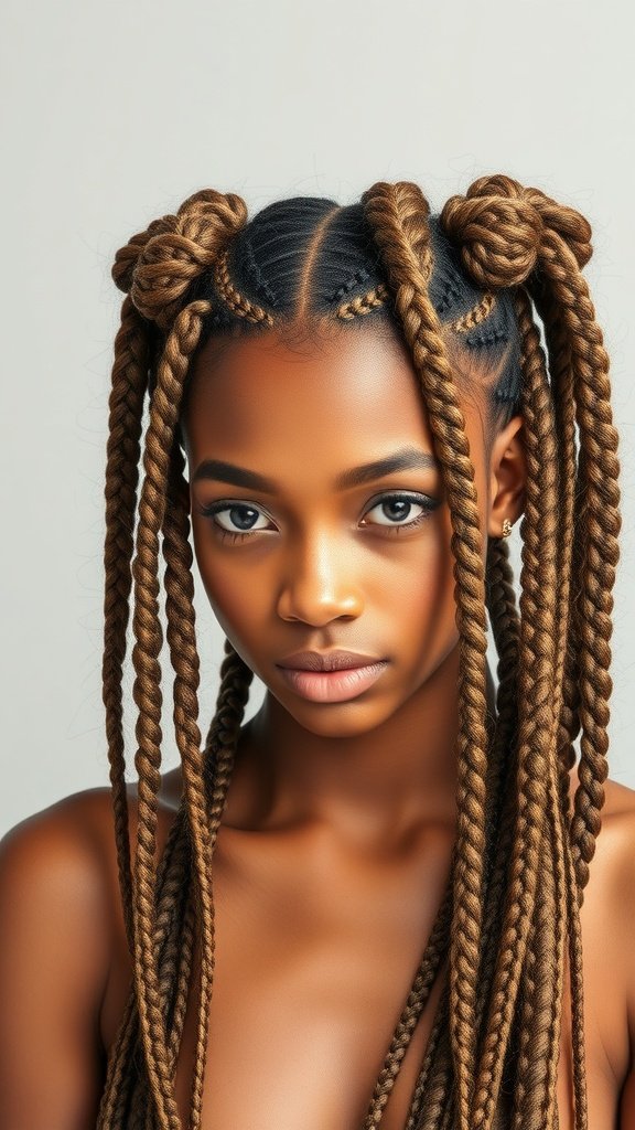 A model showcasing medium boho knotless braids styled with two buns on top.