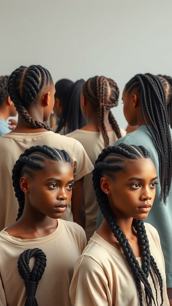 A group of individuals with small boho knotless braids, showcasing various styles and patterns.