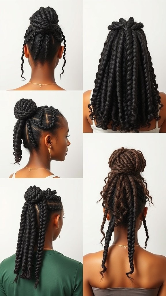 Various styling options for knotless braids with curls, showcasing different hairstyles including updos and flowing curls.