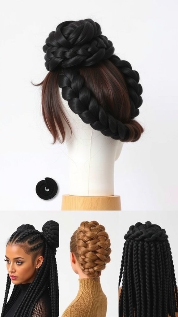 Various styling options for large knotless box braids, showcasing different hairstyles including updos and ponytails.