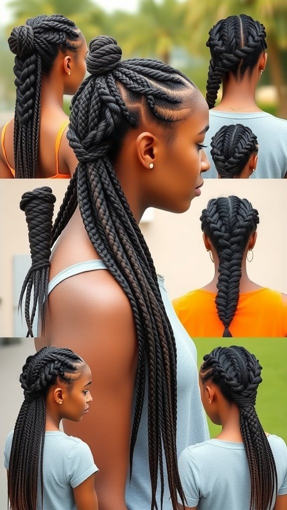 Various styling options for long small knotless box braids, showcasing different hairstyles and patterns.