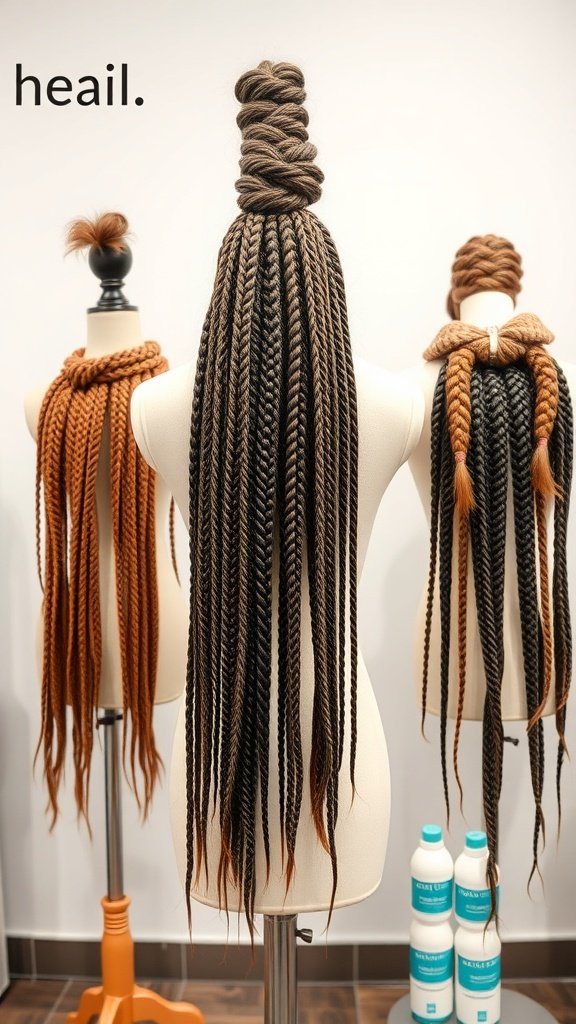 Different styles of long knotless braids displayed on mannequins