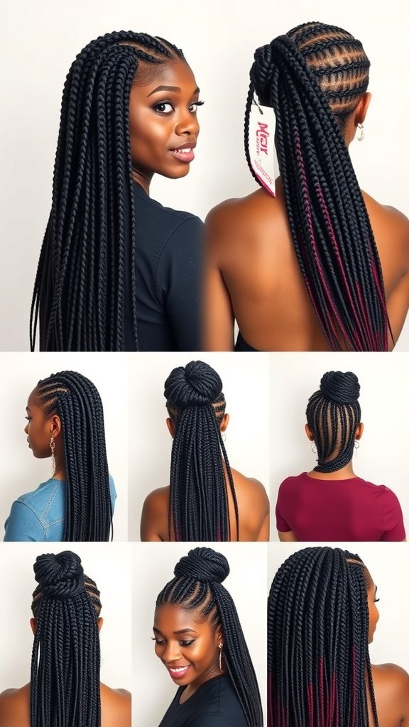 A collage of different styling options for medium knotless box braids, showcasing various hairstyles such as ponytails, buns, and unique parting designs.