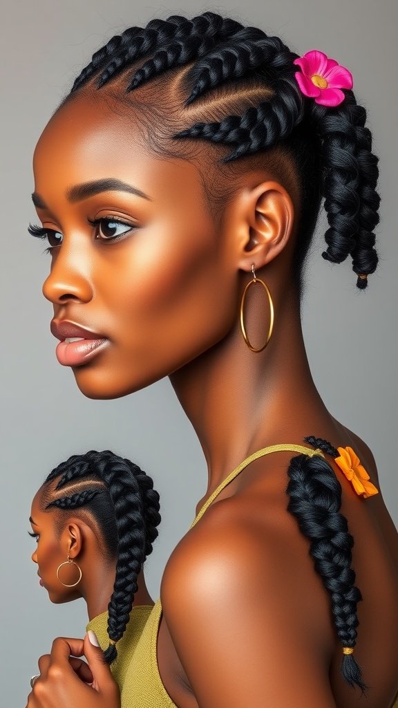 A woman showcasing short knotless box braids with colorful flowers, highlighting various styling options.