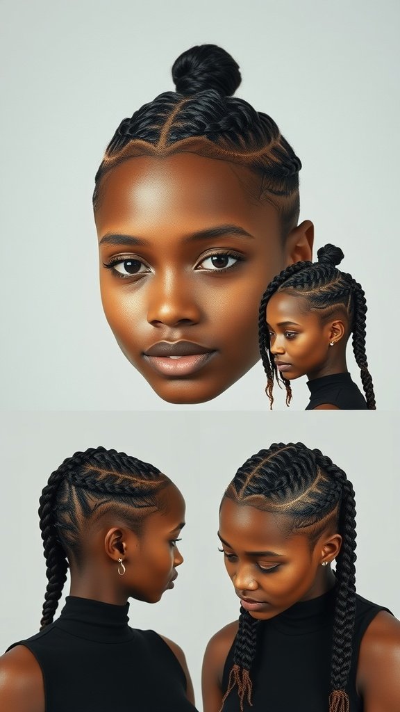 A model showcasing short knotless braids styled in various ways.