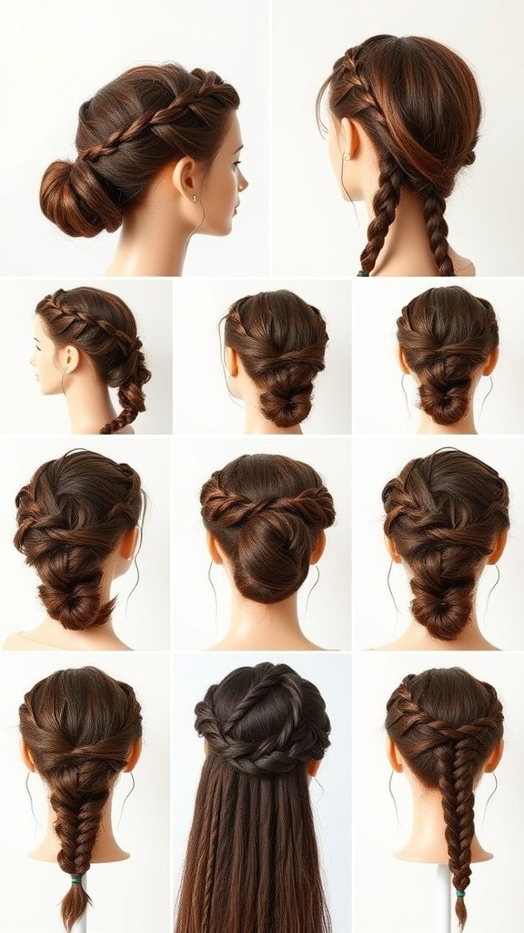A variety of stylish hairstyles featuring short knotless braids, showcasing different updos and braided looks.