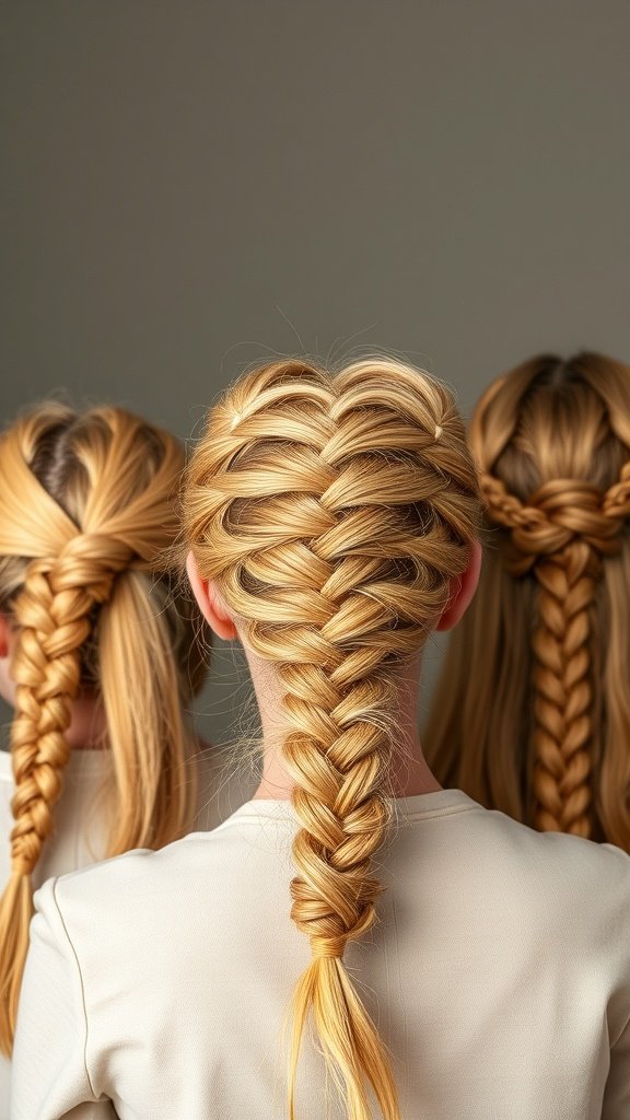 Three models showcasing different styles of honey blonde knotless braids.