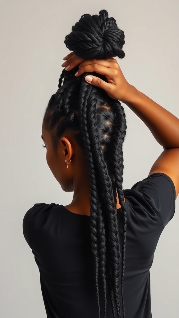 A woman showcasing jumbo boho knotless braids styled in a top knot.