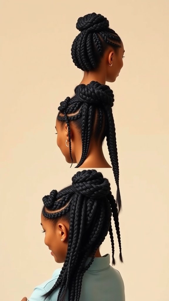 A model showcasing various styling options for jumbo knotless box braids, including a high bun and loose braids.