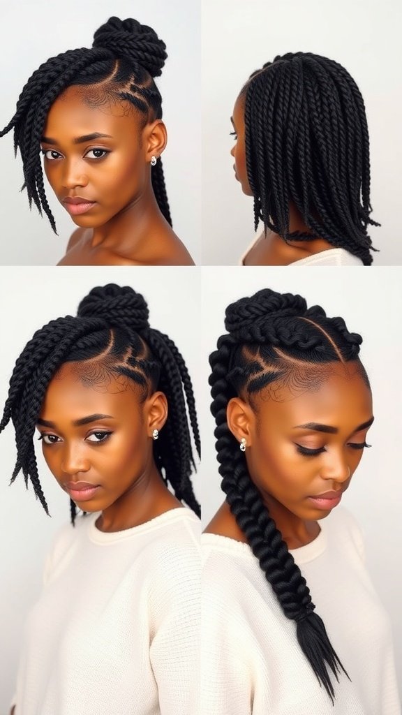 A collage of different styles of medium knotless box braids, showcasing various looks and parting styles.