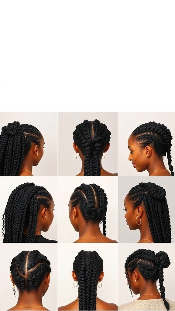 Different styling options for small knotless box braids, showcasing various hairstyles like ponytails and buns.