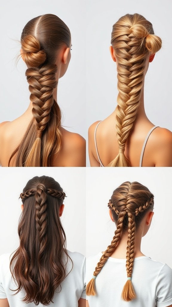 Different styles of knotless braids including buns, fishtail braids, and half-up styles.