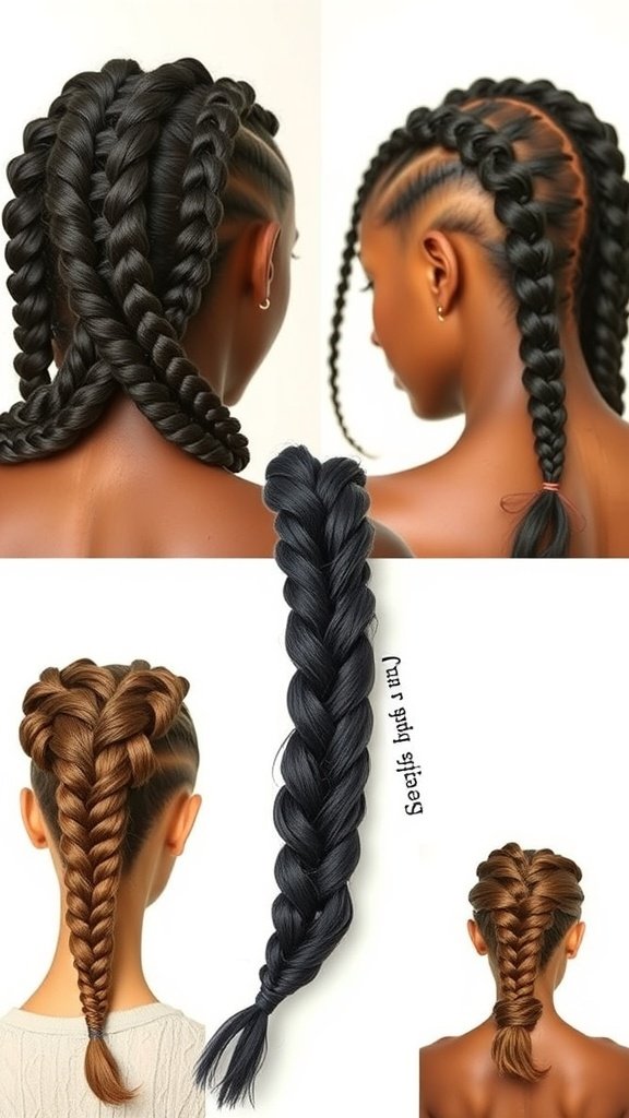 Image showcasing various styles of small knotless braids, including neat box braids and curled ends.