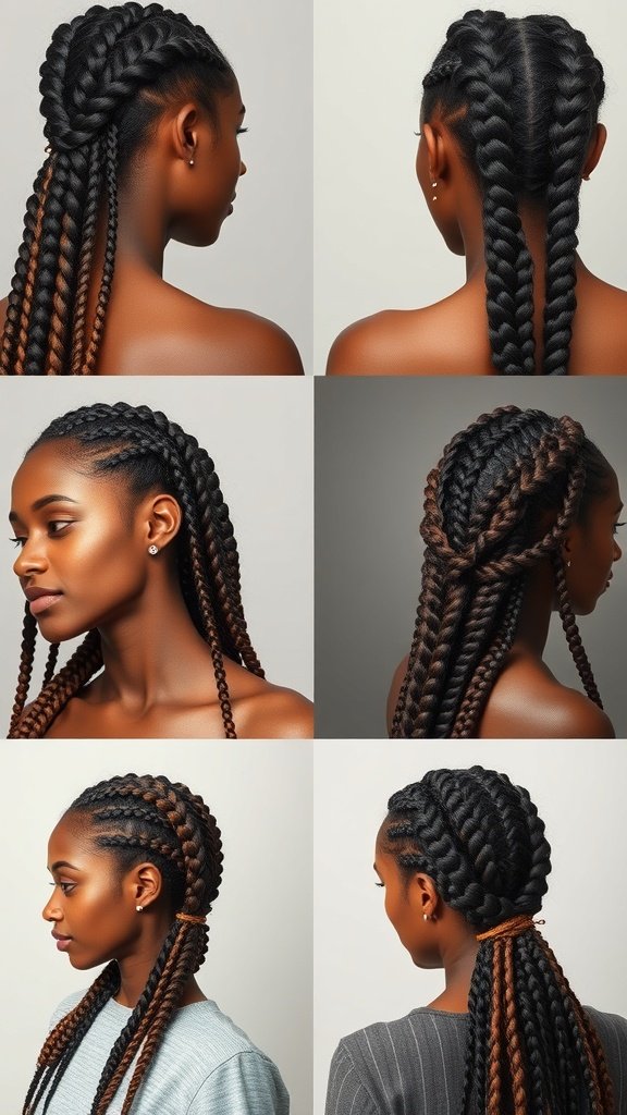 A collage of various styles of knotless braids with curly ends, showcasing different lengths and patterns.