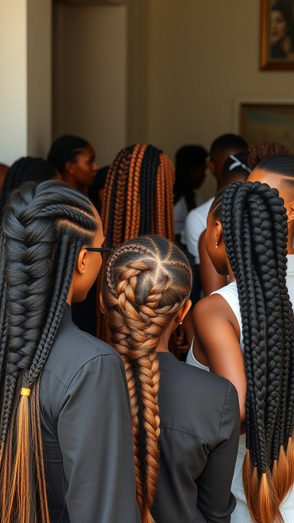 A group of women showcasing various long knotless braids in different styles and colors.