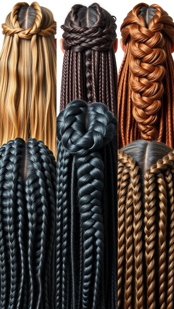 A variety of knotless braid styles showcasing different colors and lengths.