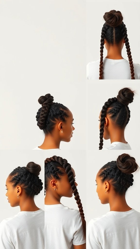 A variety of knotless twist hairstyles showcasing different styles including updos and braids.