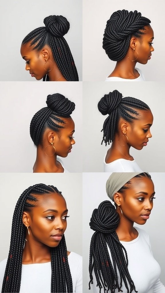 A collage of different styles of medium knotless box braids, showcasing various updos and down styles.