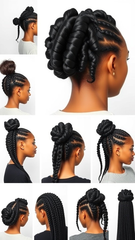 Various styling options for medium knotless box braids, featuring different updos and ponytails.