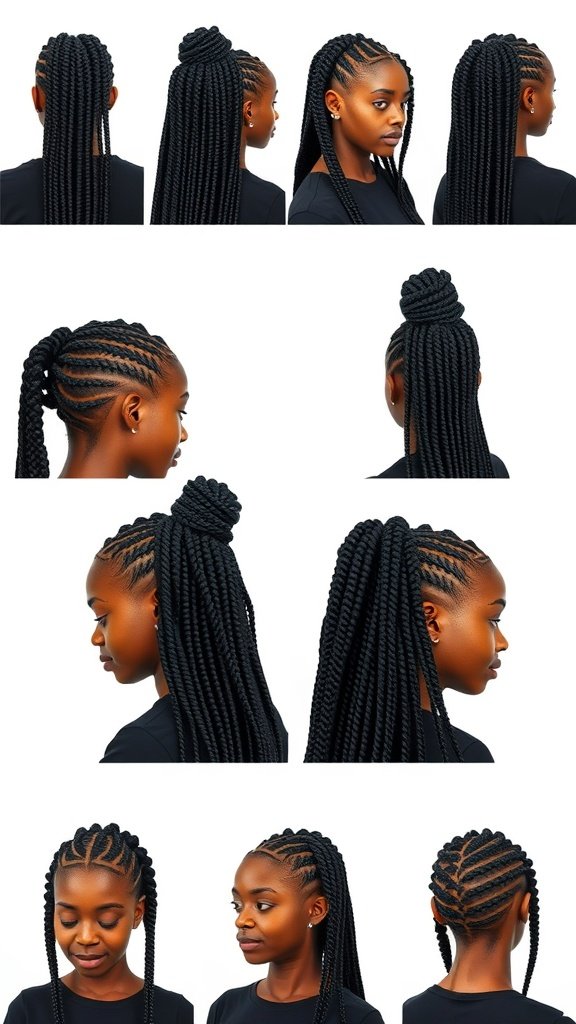 Different styles of medium knotless box braids including ponytails, buns, and loose styles.