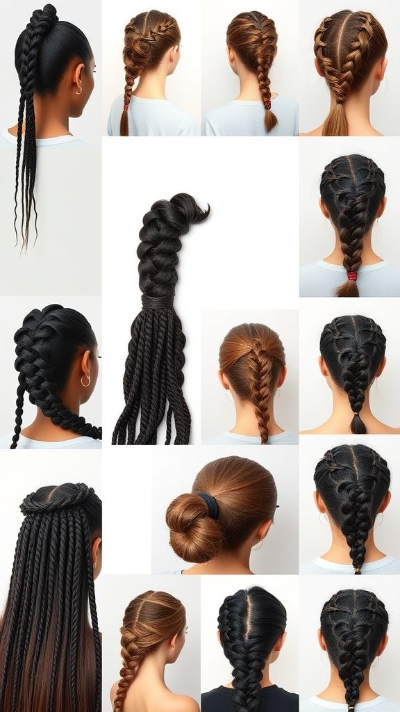 A collage of various styles of XS knotless braids, showcasing different braid types and hairstyles.