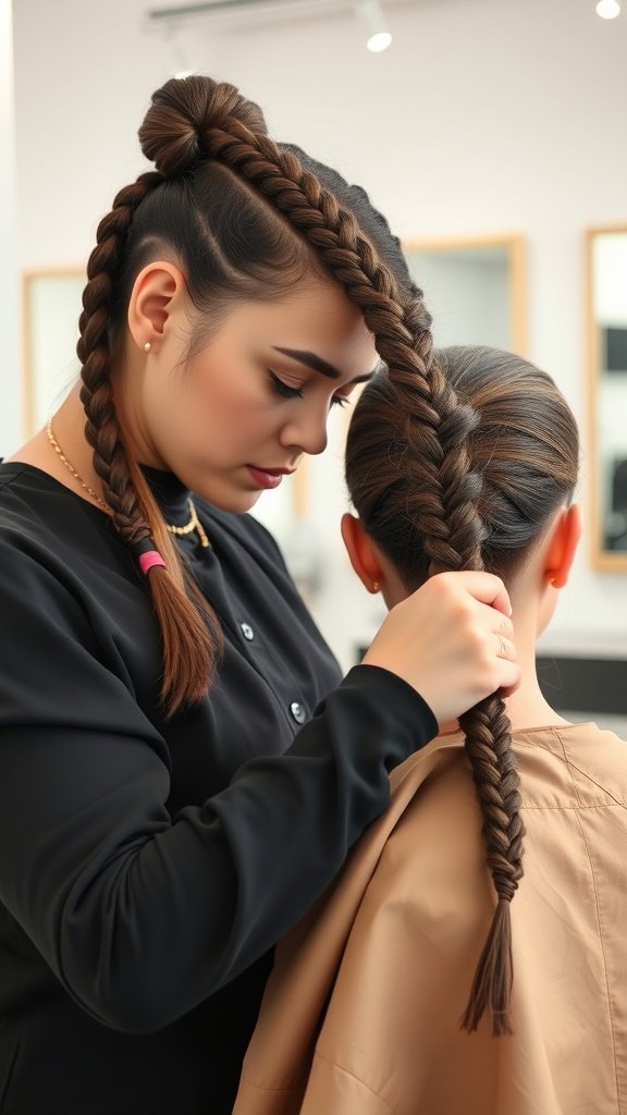 A stylist braiding hair into knotless braids, showcasing a detailed hairstyle.