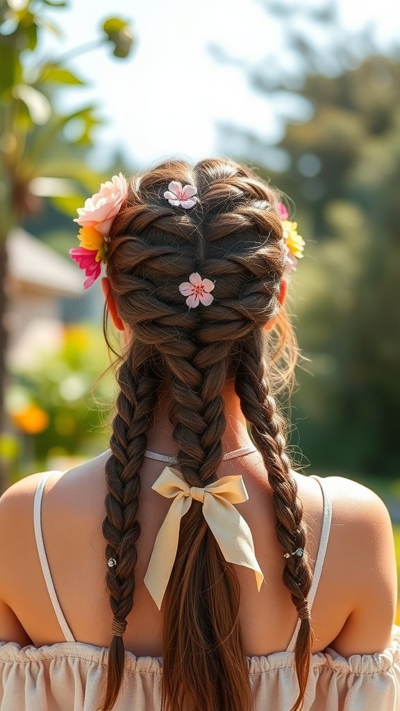 A girl with two bohemian knotless braids decorated with flowers and a ribbon, showcasing a casual and stylish hairstyle.