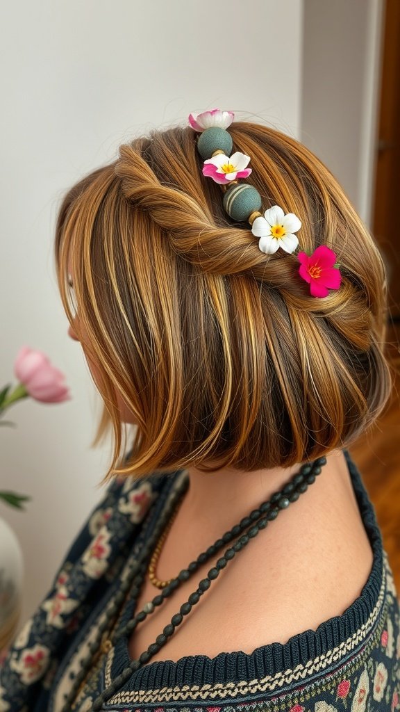 A stylish bob hairstyle featuring boho knotless braids adorned with flowers and beads.