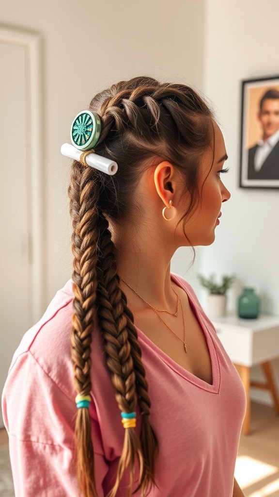 A woman with lemonade braids styled with colorful hair ties and a decorative accessory.