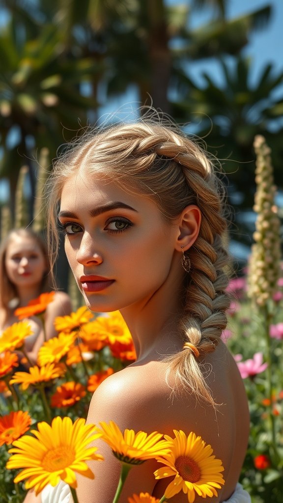 A woman with honey blonde knotless braids surrounded by vibrant flowers, showcasing a stylish summer hairstyle.