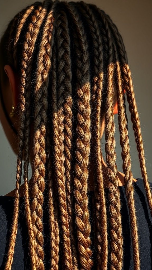 A close-up view of honey brown knotless braids styled neatly, showcasing their length and shine.