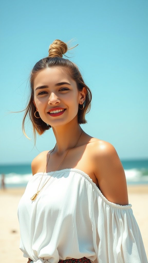 A woman with a stylish bob hairstyle, featuring knotless braids, enjoying a sunny beach day.