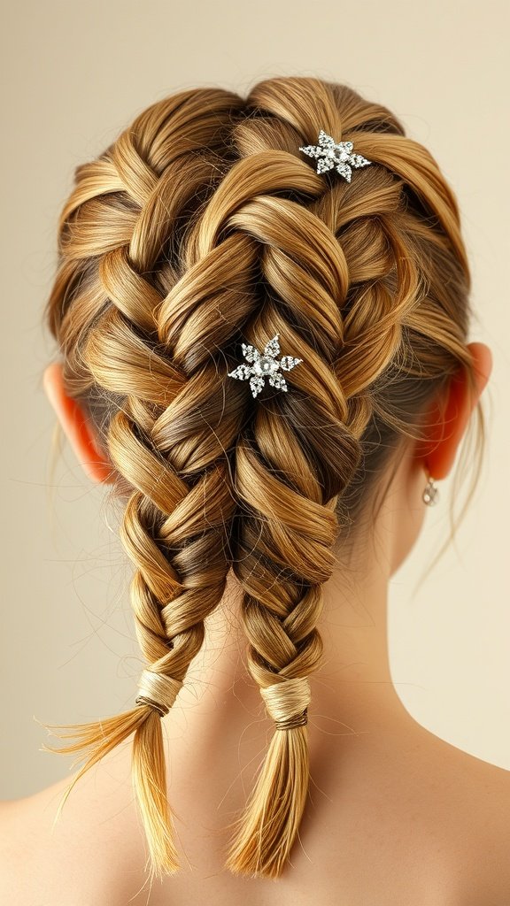 A close-up of a stylish updo featuring honey blonde knotless braids with decorative hair accessories.