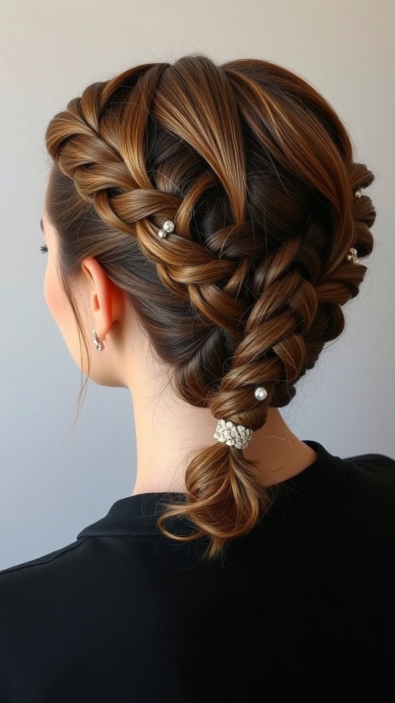 A stylish updo featuring medium boho knotless braids adorned with pearls.