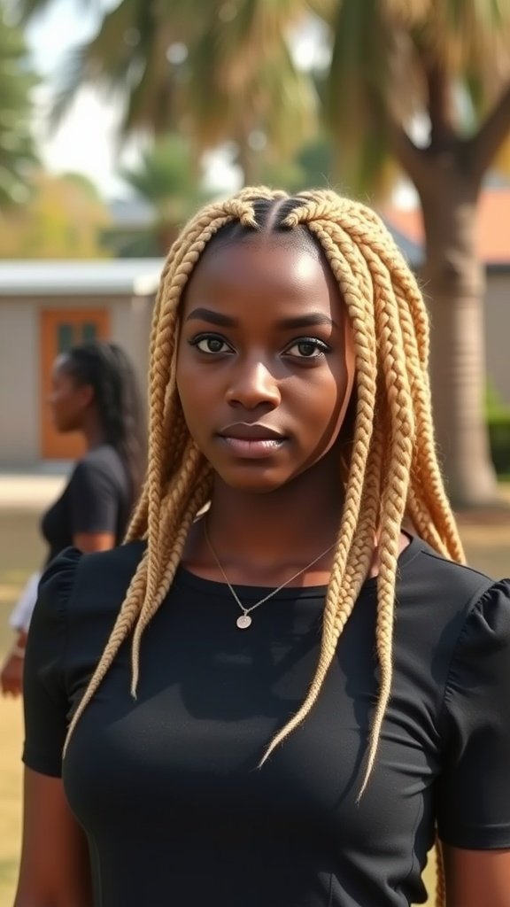 A woman with blonde knotless box braids, wearing a black top, standing outdoors with a confident expression.