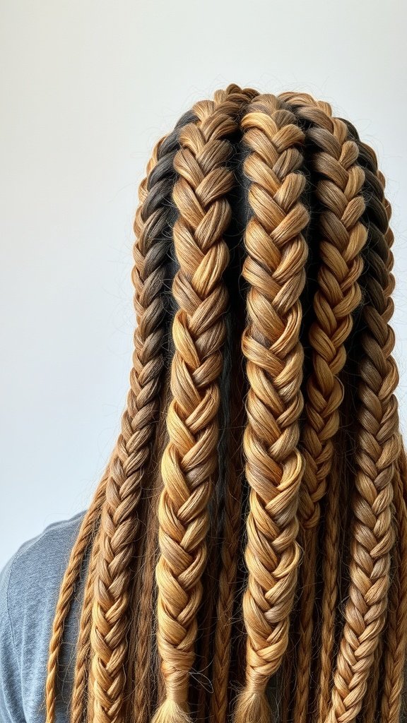 Close-up of boho knotless braids with a balayage effect in honey brown and golden tones.