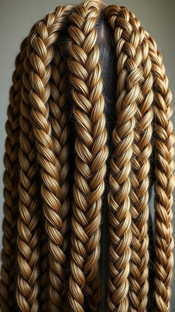 Close-up of boho knotless braids in brown and blonde colors