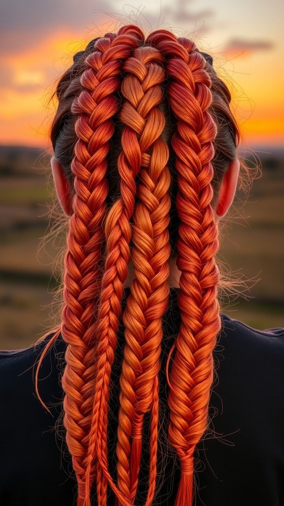 A close-up view of sunset-inspired Boho Knotless Braids with vibrant orange and red colors.