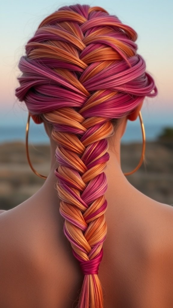 A close-up view of sunset gradient knotless braids featuring pink, orange, and golden hues.