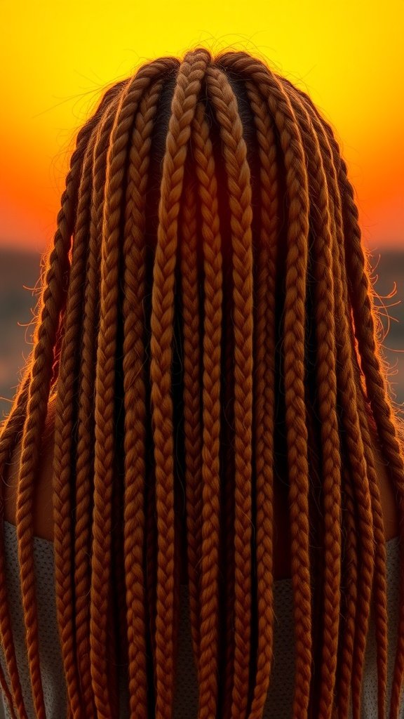 A person with sunset inspired knotless braids in color 30, showcasing a vibrant hairstyle against a sunset backdrop.