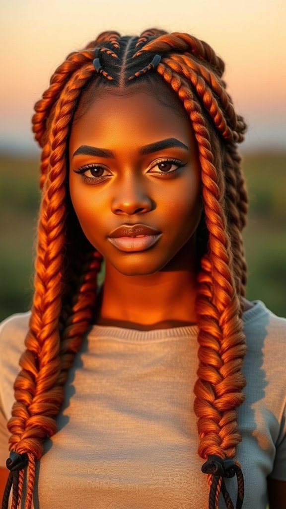 A close-up of a person with sunset ombre knotless braids, showcasing warm hues of orange and brown.