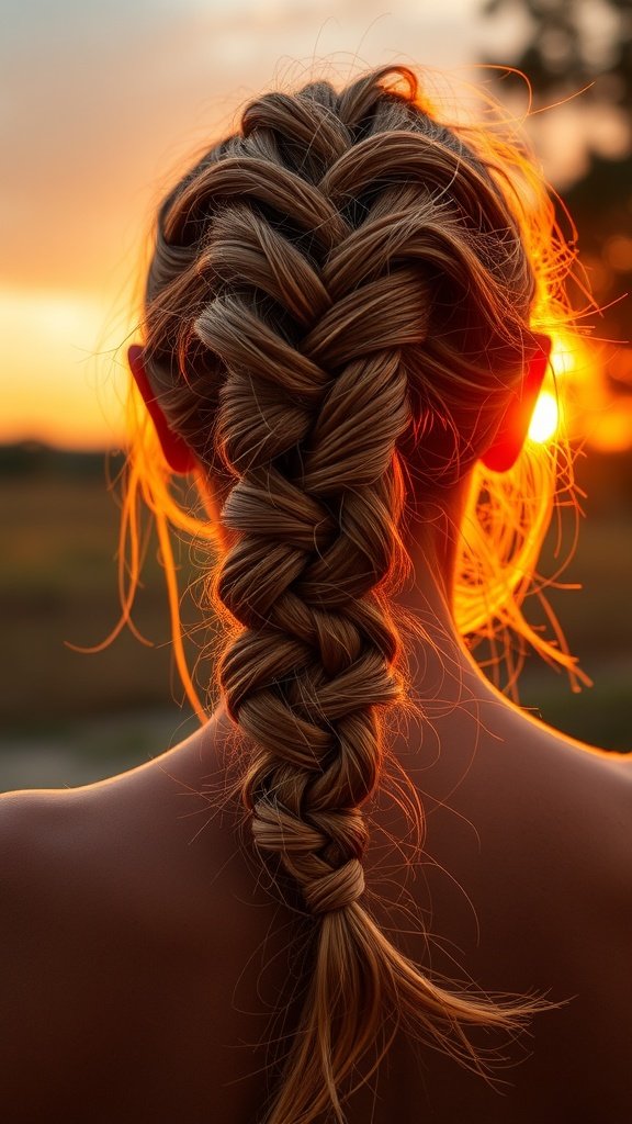 A close-up view of sunset orange knotless braids against a sunset background.