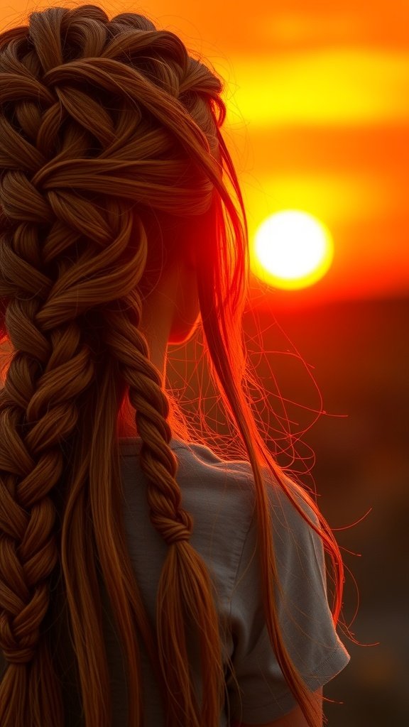 A person with sunset orange knotless braids, facing a sunset.