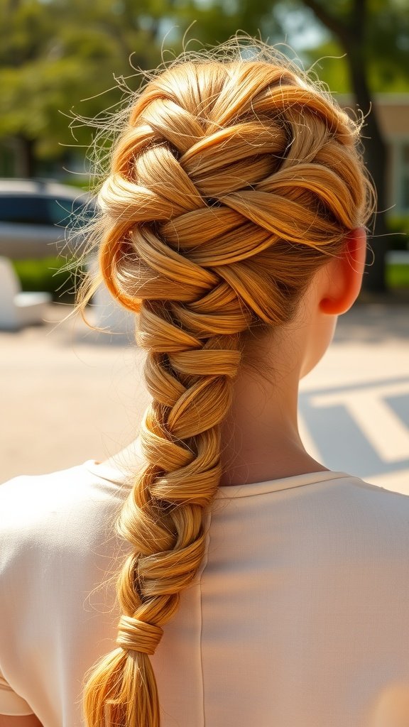 A close-up view of a woman with sunshine yellow knotless braids styled in a long braid.