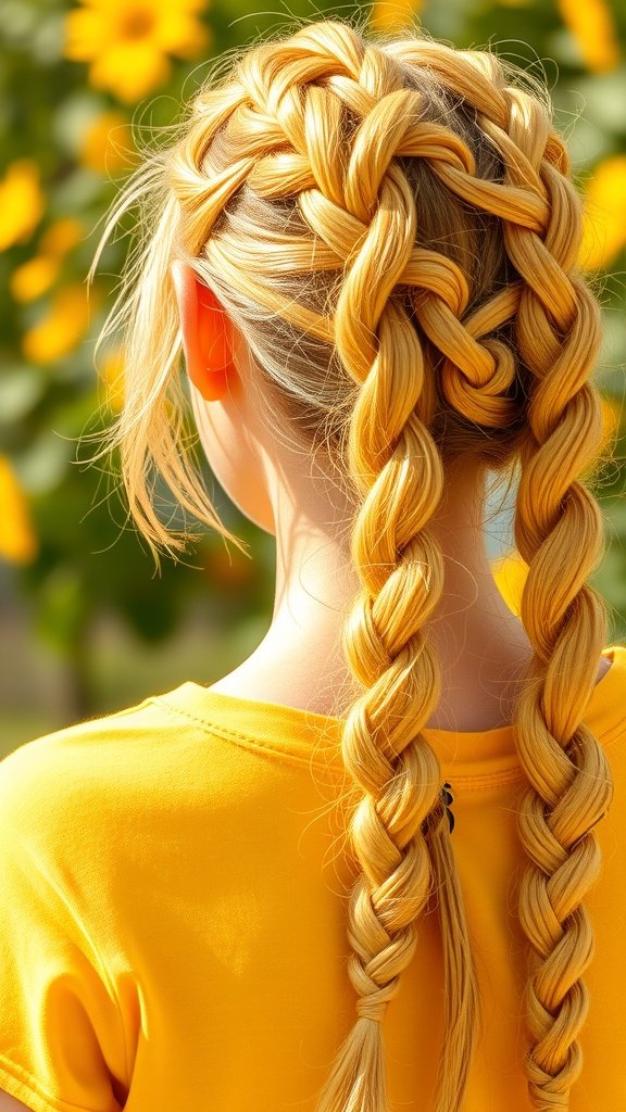 A girl with sunshine yellow knotless braids, standing in front of sunflowers, showcasing a vibrant hairstyle.