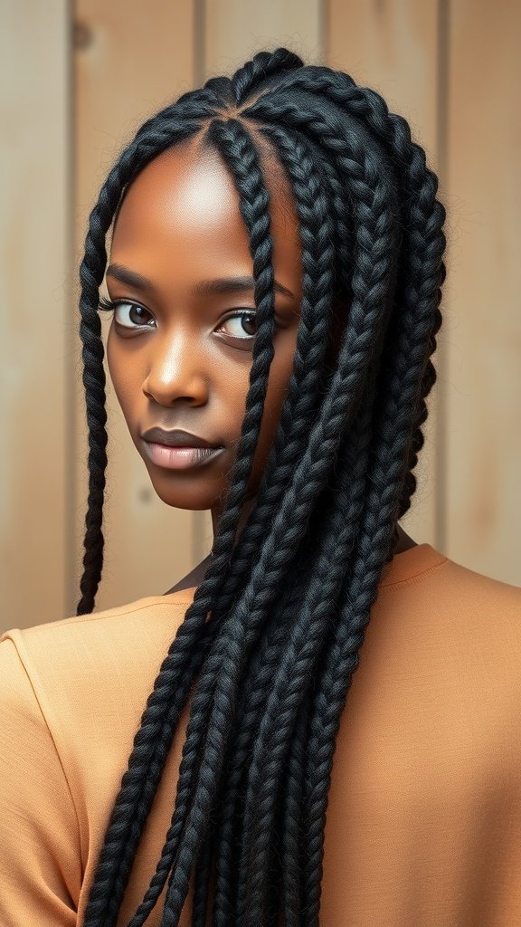 A woman showcasing short knotless braids with curly ends, highlighting a stylish and sustainable hairstyle choice.